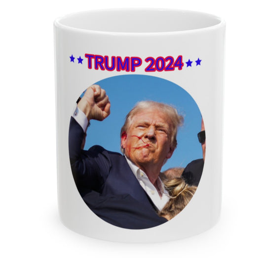 Patriotic Trump 2024 Ceramic Mug – Iconic Photo of Donald Trump Post-Assassination Attempt